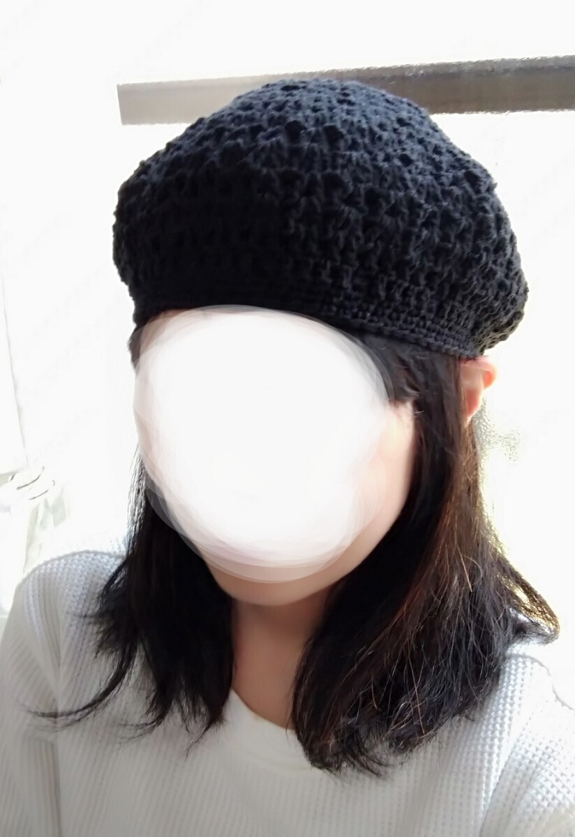 ハンドメイド☆透かし模様のベレー帽♪　小さ目です。　黒　ブラック_画像7