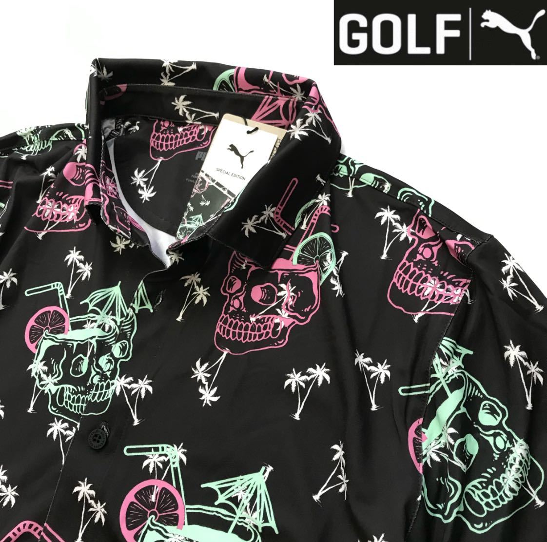 *090 новый товар [ мужской L] чёрный Skull общий рисунок PUMA Puma Golf обычная цена 1.2 десять тысяч EGW постоянный Fit рубашка-поло с коротким рукавом тянуть over Golf одежда 