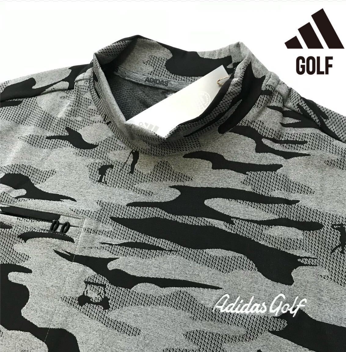 ◆H636新品【メンズL】迷彩グレー アディダス ゴルフ カモフラージュプリント 吸汗速乾 半袖モックネックシャツの画像1