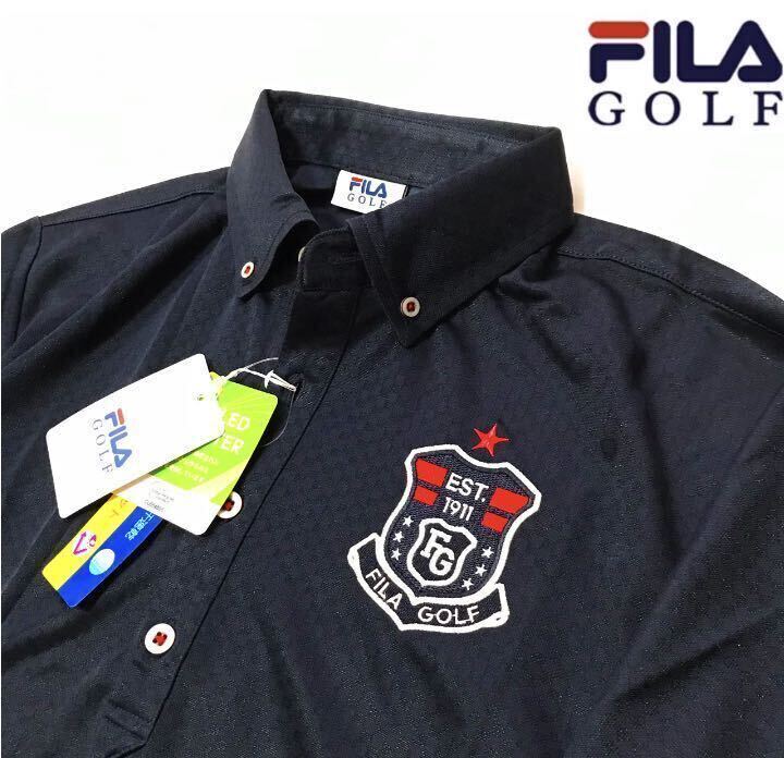 新品【メンズL 】紺【FILA GOLF】フィラゴルフ COOL TOUCH光沢 高品質 接触冷感 吸汗速乾 ロゴ 半袖ポロシャツ_画像1