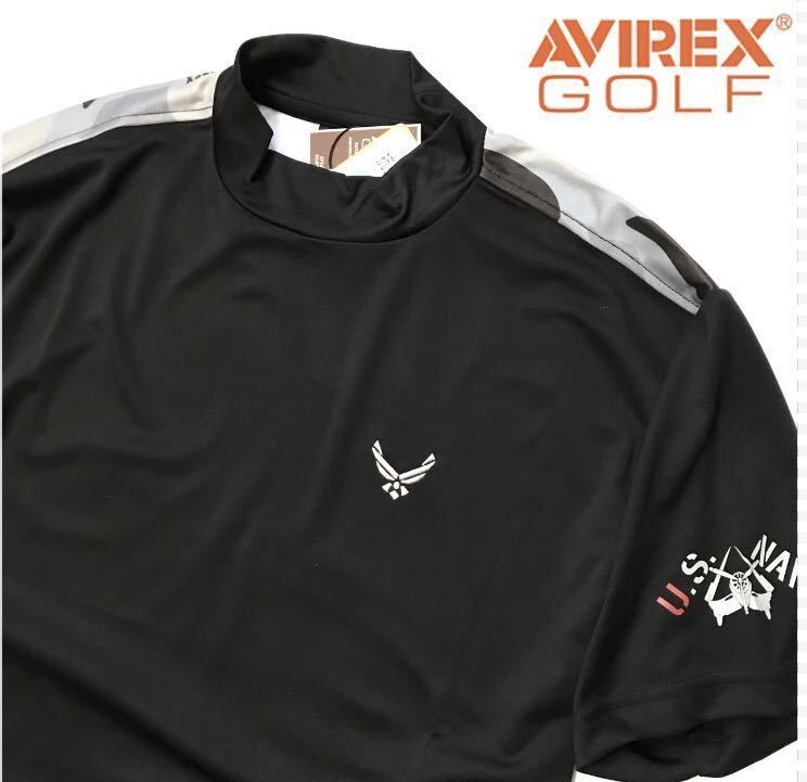 ◆H620新品 メンズM【AVIREX GOLF】黒 アヴィレックス ゴルフ 背面 迷彩ロゴ モックネック 半袖シャツ 定価9900円(0)_画像1