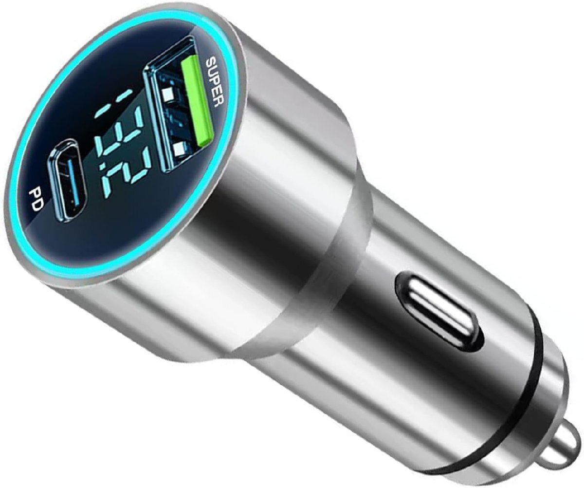PD＋USB シガーソケット 2口 車載充電器 カーチャージャー スマホiPhone車内充電器 電圧計 LED表示の画像1