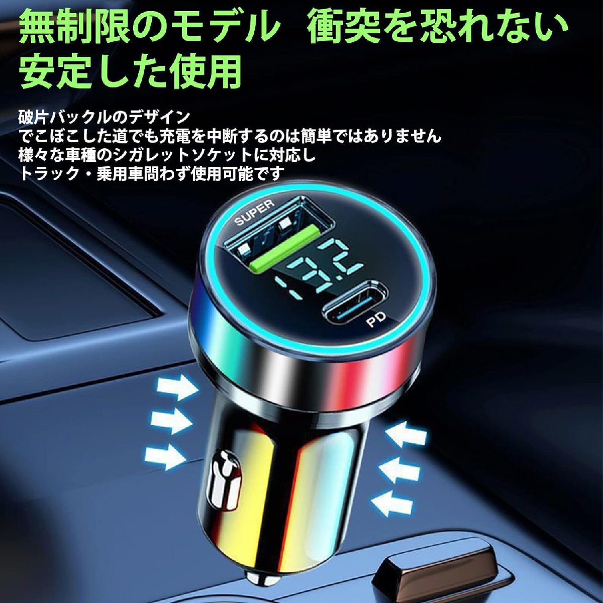 PD＋USB シガーソケット 2口 車載充電器 カーチャージャー スマホiPhone車内充電器 電圧計 LED表示の画像2