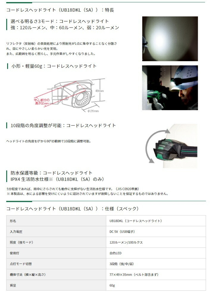 在庫 HiKOKI コードレスヘッドライト UB18DKL 本体のみ 14.4V・18V対応 日立 ※(BSL18UA(SA))付属しません セット品をバラした商品_画像4