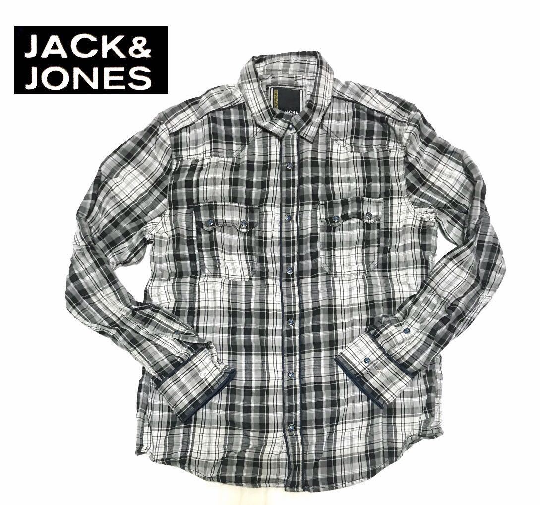 ●新品●JACK & JONENS●白/黒 チェック柄 長袖シャツ .綿100 オシャレボタン、ウエスタン調、Mサイズ_画像1