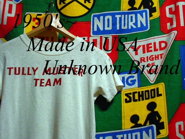 ★TULLY MUSTER TEAM★Made in USA製アメリカ製ビンテージ染み込みプリントTシャツ50s50年代60s60年代コットン100%スポーツチーム白×赤