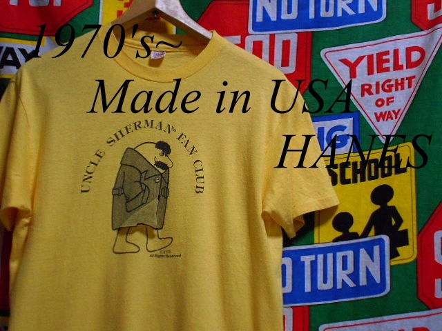 ★アンクルシャーマンの1枚★Made in USA製アメリカ製HANESヘインズビンテージUNCLE SHERMANプリントTシャツ70s70年代オレンジフラッグタグ_♪1970s~ HANES♪