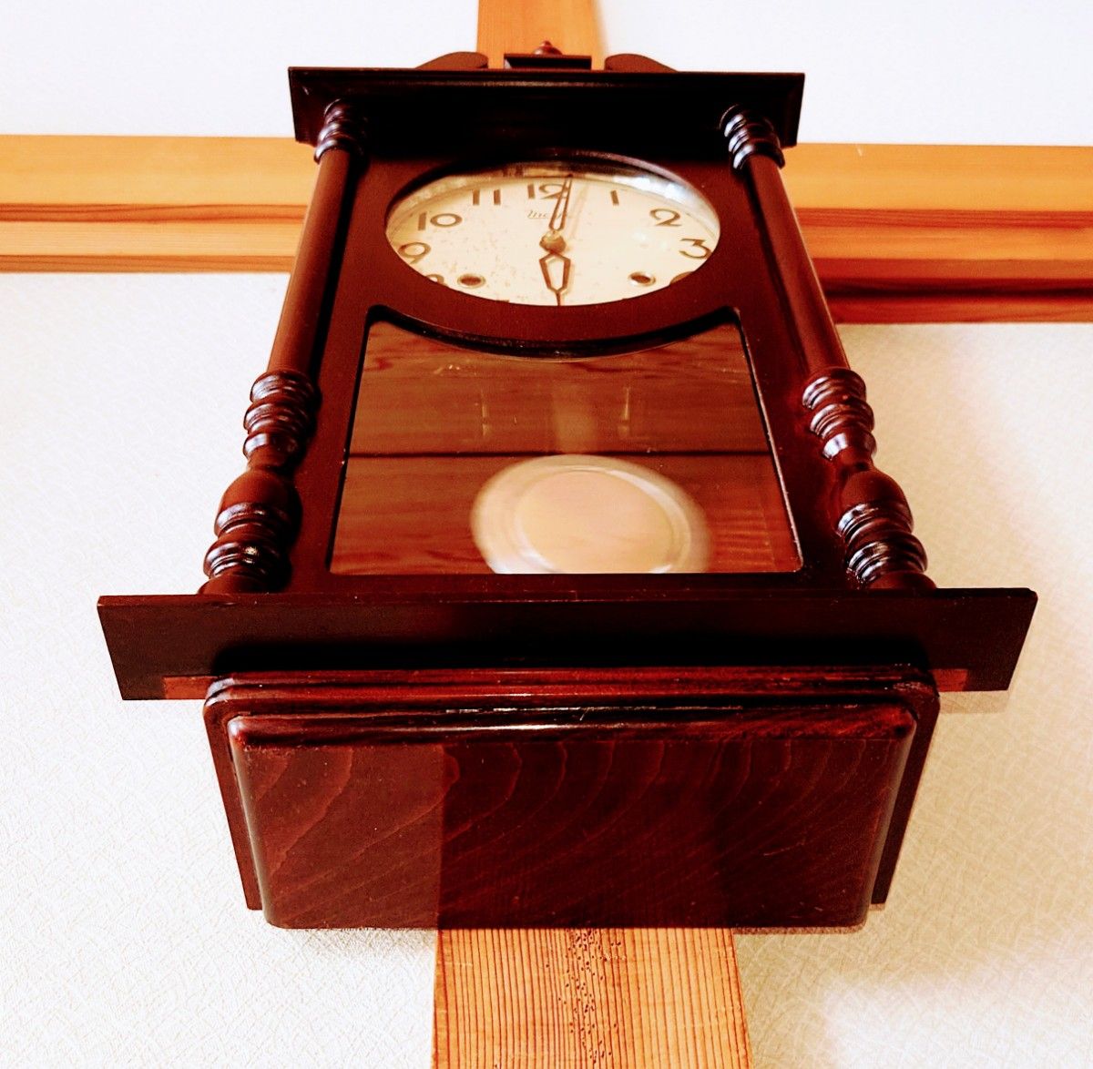 完動・美品〉明治時計 両柱型扉ゼンマイ振り子掛け時計 置時計 完動・美品〉明治時計 両柱型扉ゼンマイ振り子掛け時計 置時計