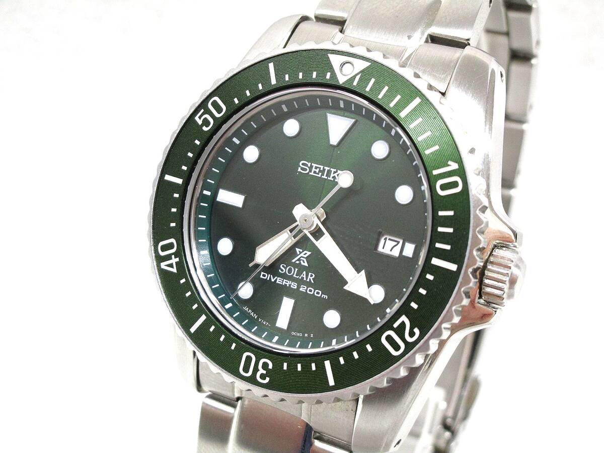 1 jpy ~ Seiko prospec radio wave solar V147-0CS0 green face Date / used wristwatch 