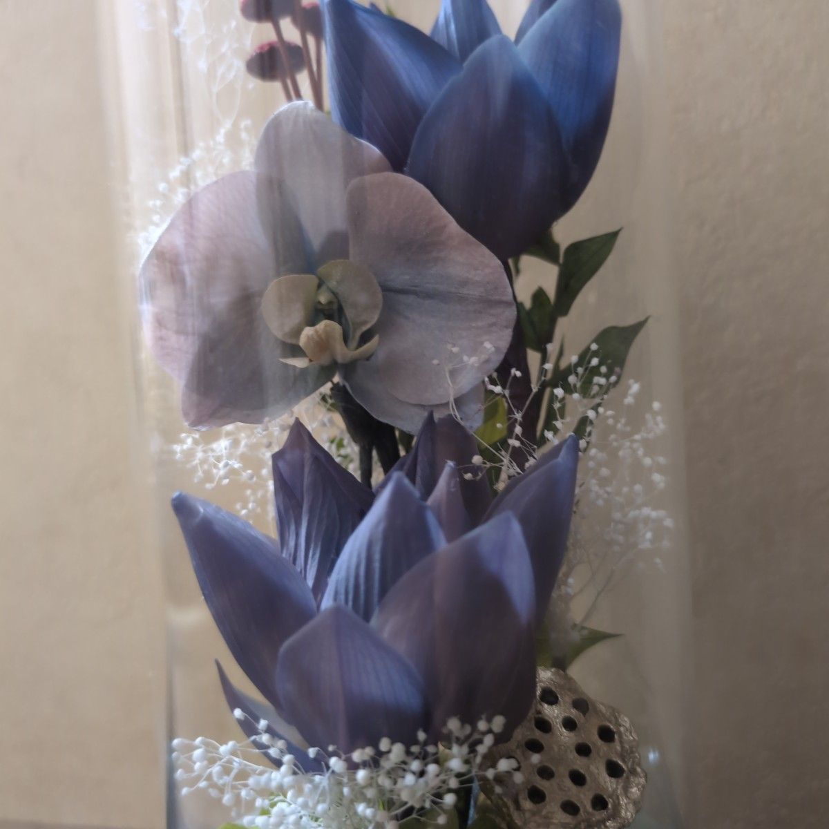 特選仏花　ガラスケース特大　一基　造花無し　蓮の花　胡蝶蘭　プリザーブドフラワー