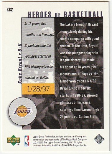 2002-03 UD AUTHENTICS HEROES of BASKETBALL KB2 Kobe Bryant #/999 LOS ANGELES LAKERS_画像2