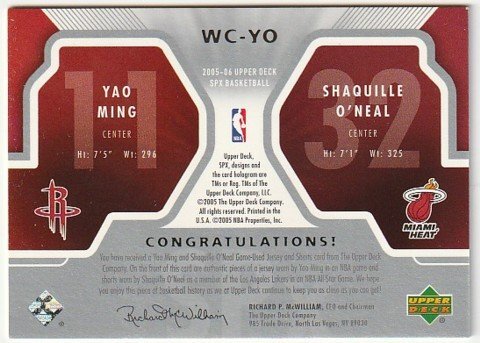 2005-06 UD SPx WINNING COMBOS Shaquille O'Neal/Yao Ming DUAL JERSEY シャック/ヤオ・ミン 姚明 ジャージ_画像2