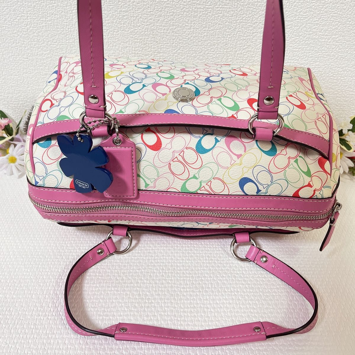 【期間限定価格！極美品】 COACH コーチ ハンドバッグ F16875 ミニボストンバッグ シグネチャー 花柄 チャーム付き