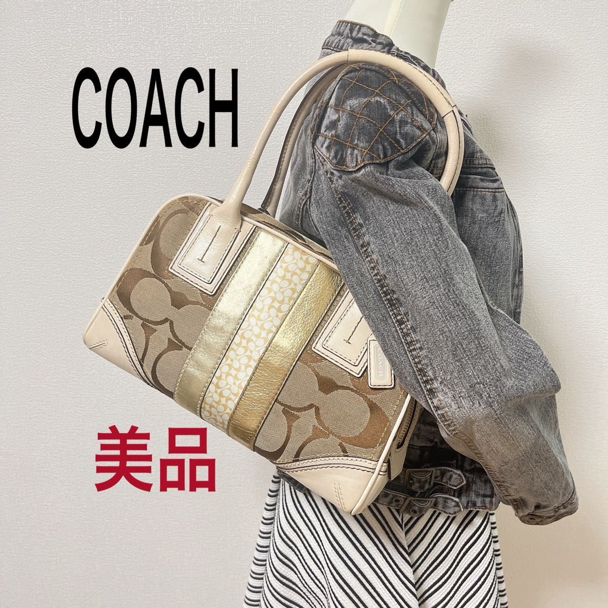 【タイムセール！美品】COACH コーチ ハンドバッグ 10540 シグネチャー キャンバス×レザー ベージュ系 チャーム付き