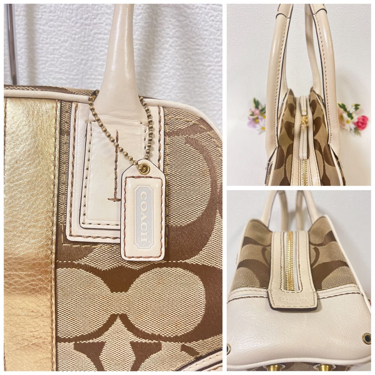 【タイムセール！美品】COACH コーチ ハンドバッグ 10540 シグネチャー キャンバス×レザー ベージュ系 チャーム付き