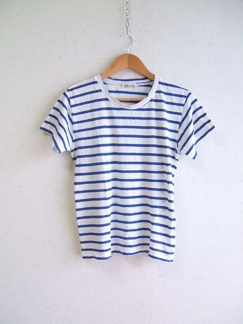 IN NATURAL コットンリネンボーダー半袖Tシャツ ホワイト　ブルー インナチュラル 中古 0-0812S 159191_画像1