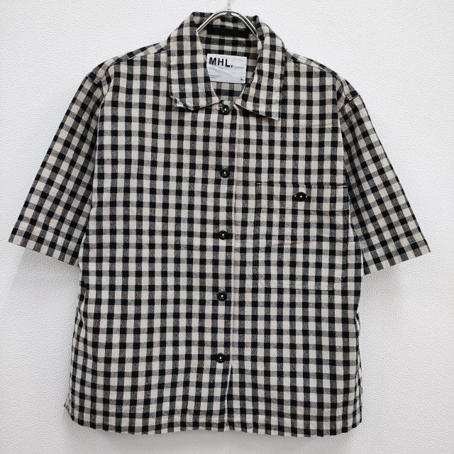 MHL. 595-0152541 NATURAL COTTON GINGHAM サイズ3 ギンガムチェック 半袖シャツ ベージュ ブラック エムエイチエル 4-0428S 236947_画像1