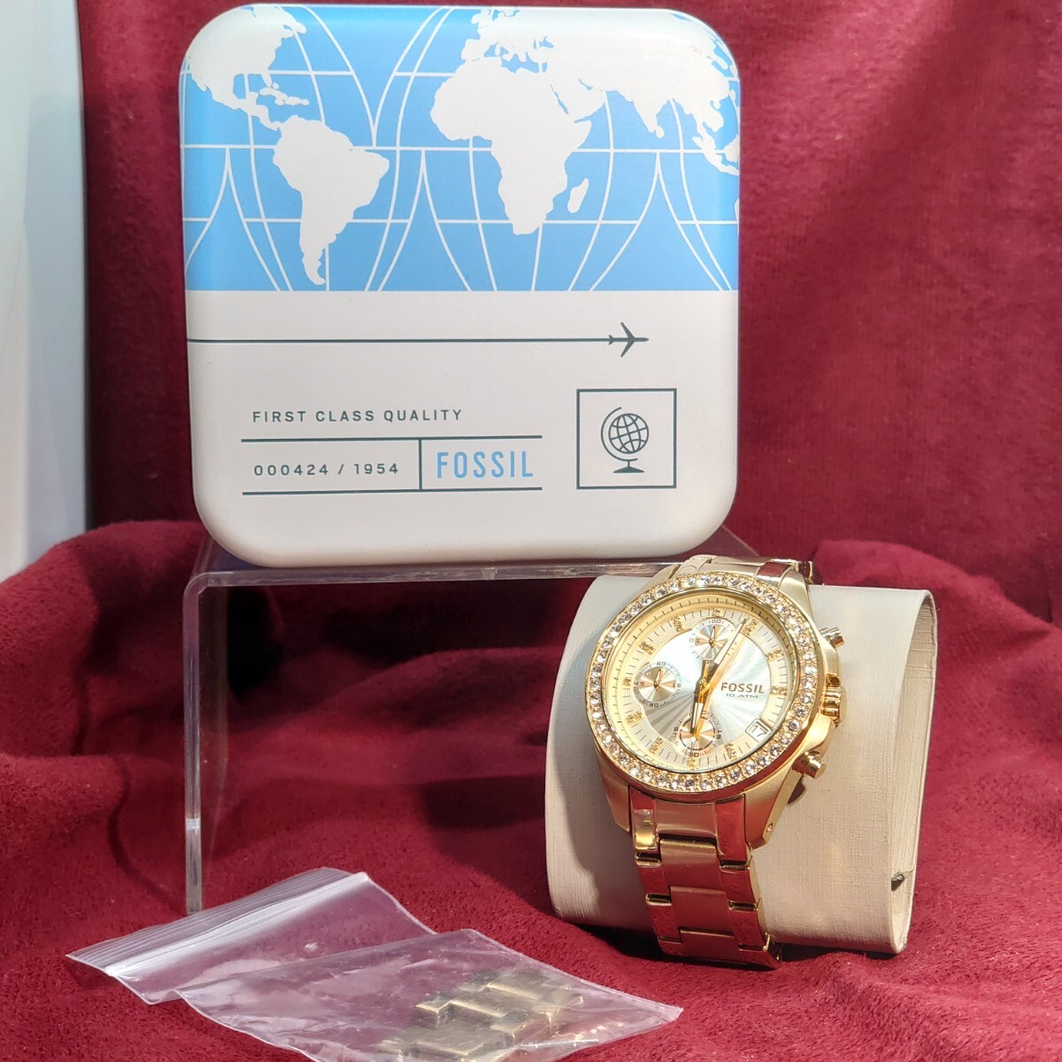 551[ батарейка заменен ]FOSSIL ES-2683 25102 женские наручные часы Fossil Gold × золотой циферблат аналог хронограф часы жестяная банка с коробкой 