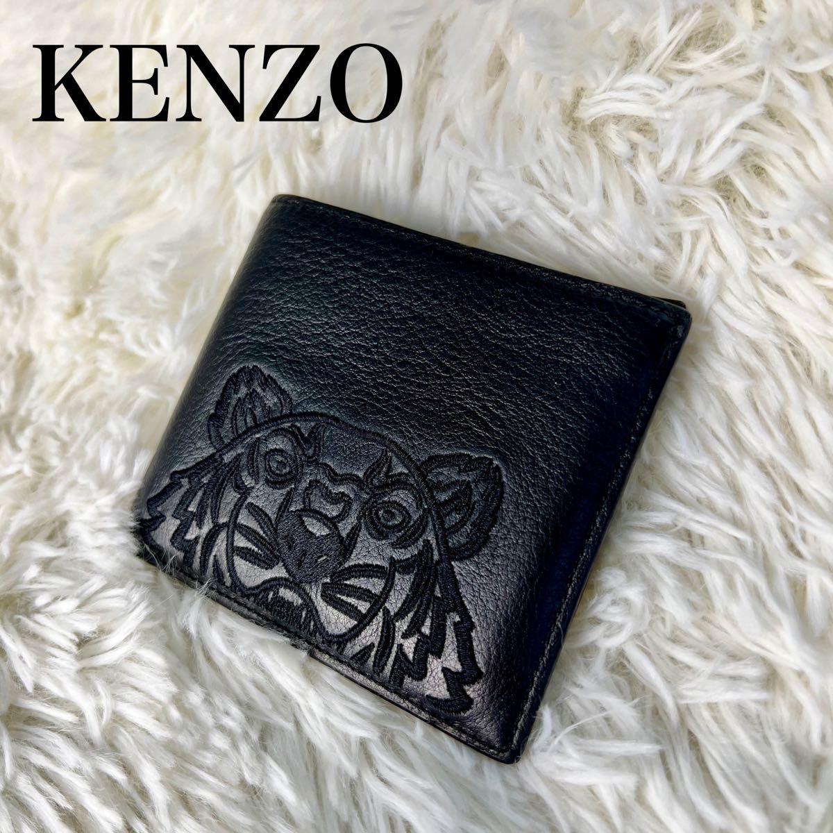 未使用級】ケンゾー ロゴ入り レザー 二つ折り財布 刺繍 トラ 未使用級】ケンゾー ロゴ入り レザー 二つ折り財布 刺繍 トラ