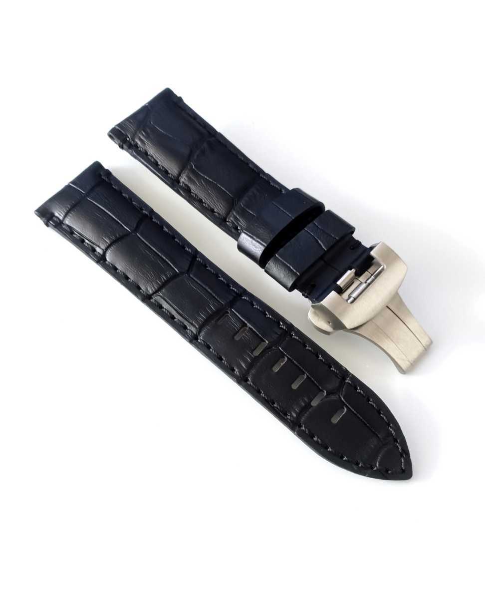 22mm 腕時計 メンズ用 イタリアン カーフレザー 革ベルト ブラック 黒 Dバックル/パイプチューブ付属 【対応】パネライ PANERAI