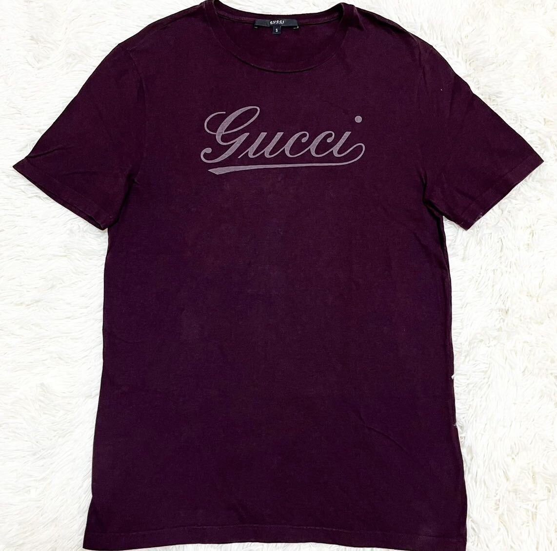 美品 グッチ【大人気デザイン】 GUCCI 半袖 tシャツ カットソー トップス 筆記体ロゴ メンズ ボルドー サイズS_画像1