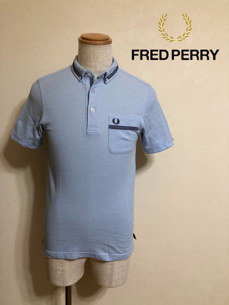 FRED PERRY Slim Fit フレッドペリー スリムフィット 鹿の子 ポロシャツ トップス サイズS 半袖 ライトブルー ヒットユニオン M8348_画像1