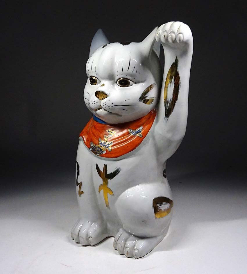 緑屋s■ 陶器　招き猫　白猫　大型　置物　商売繁盛　レトロ　高さ約35.5cm　　kc2/4-519/10-4#100_画像2