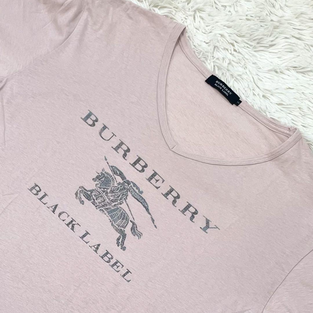 【美品 L】BURBERRY BLACK LABEL バーバリーブラックレーベル Tシャツ カットソー 半袖 ビッグロゴ ホースロゴ Vネック ピンク サイズ3_画像3