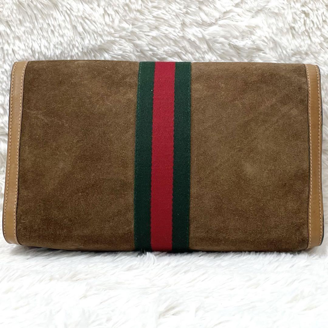 [ rare color beautiful goods ]OLD GUCCI Old Gucci second bag clutch bag Sherry line puff .-m suede leather GG pattern Brown tea 