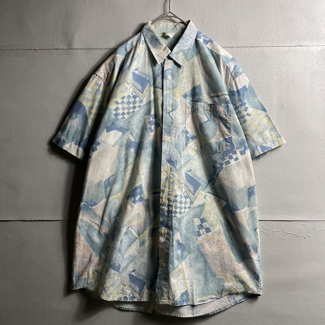 ユーロ90s 80s 半袖シャツ 総柄シャツ アート ヨーロッパ L A377 古着 vintage レア ヨーロッパ ビンテージ デザインシャツ トップス 淡色_画像2