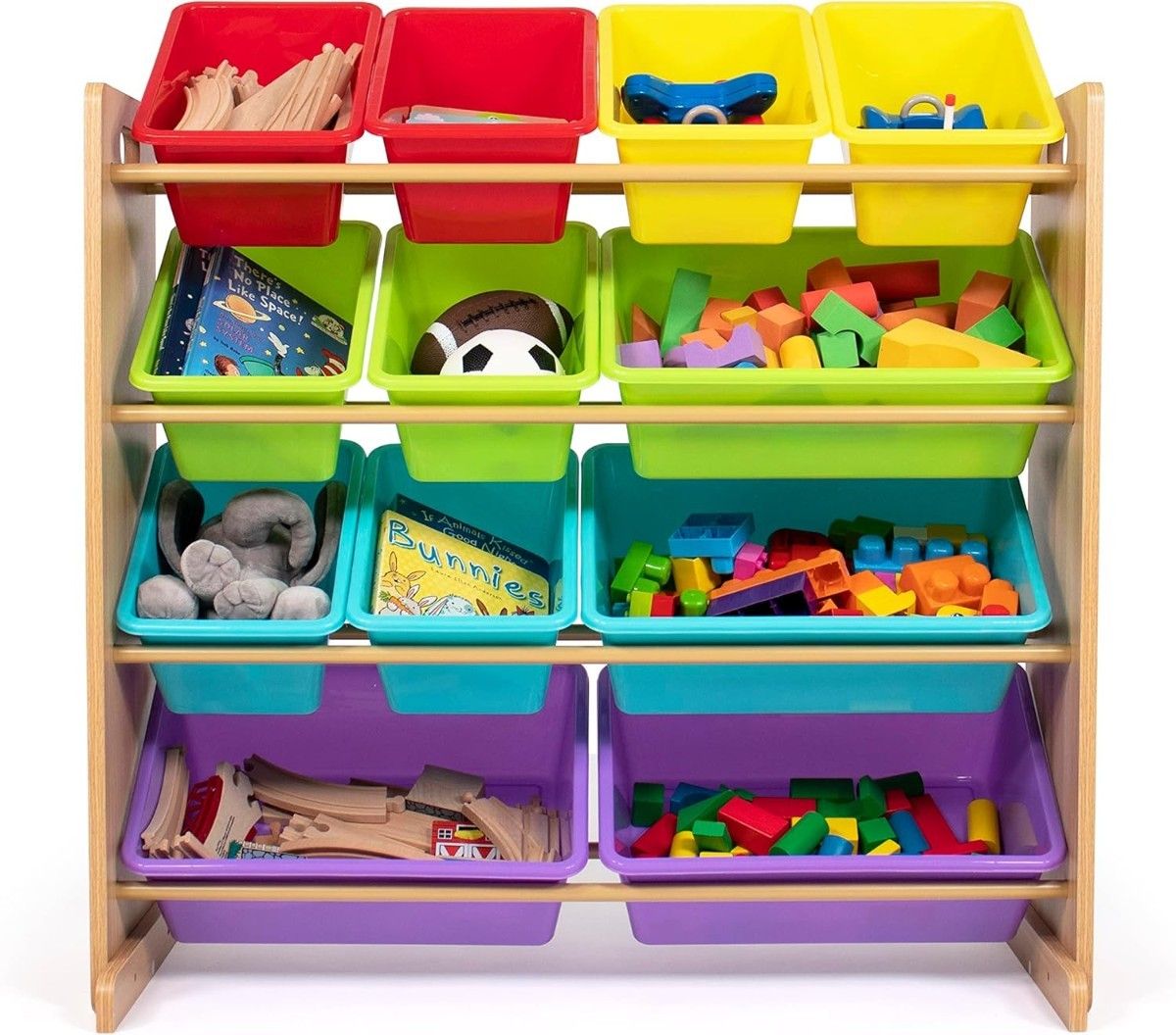 おもちゃ 玩具 収納 ボックス 棚 オーガナイザー レインボー/ナチュラルウッド 12個の収納箱付き