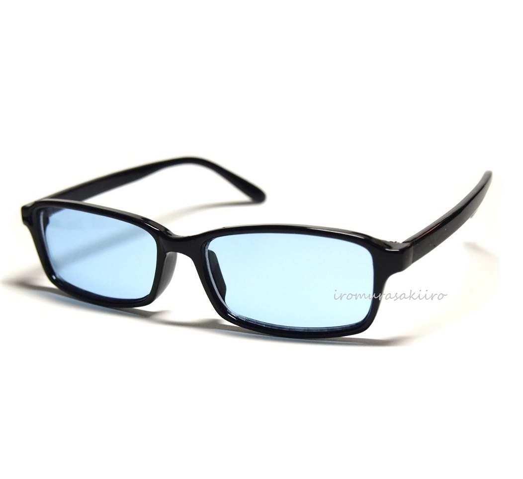 スクエア型　薄い色ブルーレンズ サングラス ／　メンズ レディース兼用 　ブラックフレーム 目が透ける 知的 かっこいい 青 水色 23055