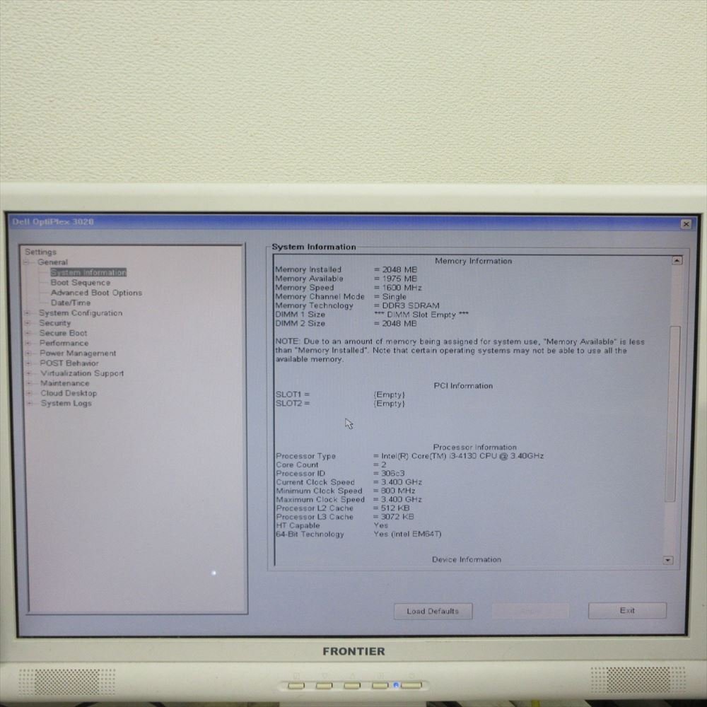 [3975]DELL OPTIPLEX 3020 Core i3 4130 3.40GHz HDDなし メモリ2GB BIOS OK_画像10