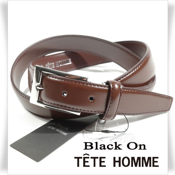 新品1円～★定価0.9万 Black On TETE HOMME テットオム 牛革レザー ビジネスベルト フリーサイズ 本革 茶 ブラウン 本物◆2407◆の画像1