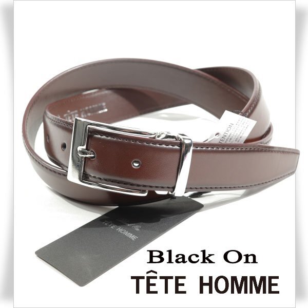 新品1円～★定価0.9万 Black On TETE HOMME テットオム 牛革レザー ビジネスベルト フリーサイズ 本革 茶 ブラウン 本物◆2408◆の画像1