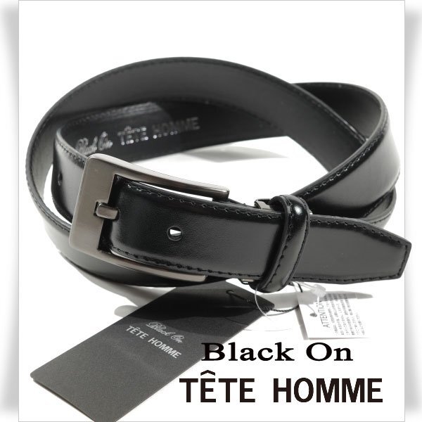 新品1円～★定価0.9万 Black On TETE HOMME テットオム 牛革レザー ビジネスベルト フリーサイズ 本革 黒 ブラック 本物◆3243◆_画像1