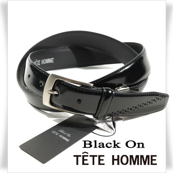 新品1円～★定価0.9万 Black On TETE HOMME テットオム 牛革レザー ビジネスベルト フリーサイズ 本革 黒 ブラック 光沢 本物◆3238◆_画像1