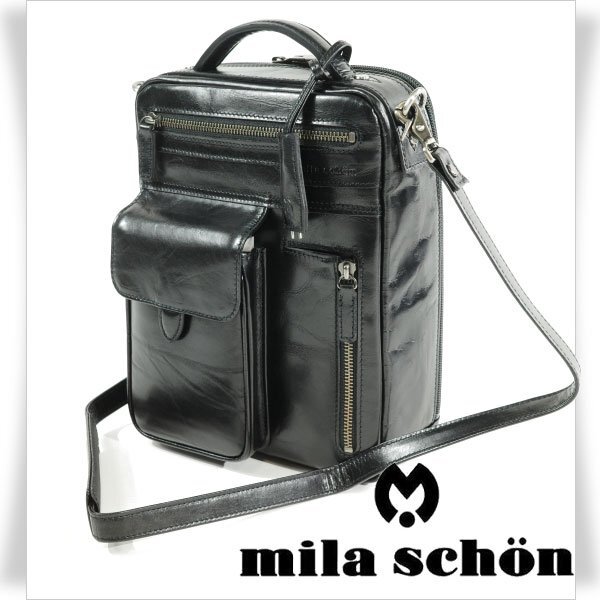 新品1円～★定価4.1万 mila schon ミラショーン 日本製 牛革レザー ショルダーバッグ 縦型 黒 アルテ 国産牛タンニン 鍵付 手持ち◆3619◆_画像1