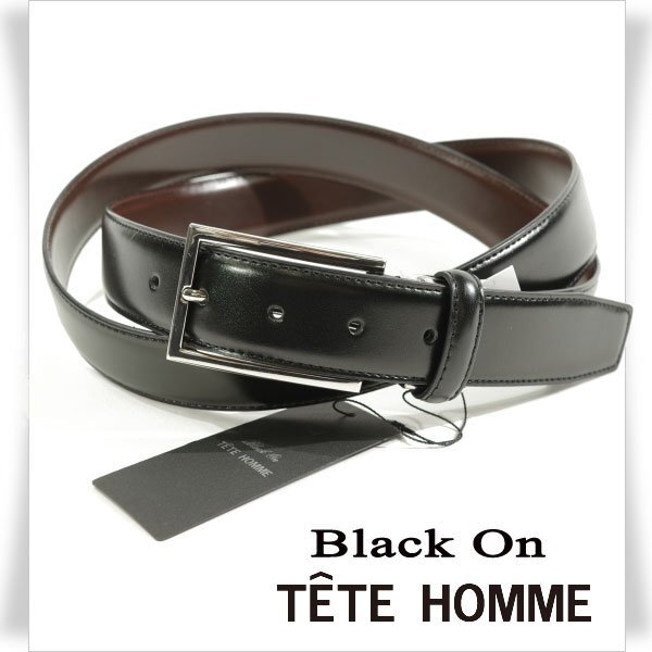 新品1円～★定価0.9万 Black On TETE HOMME テットオム 牛革レザー ビジネスベルト フリーサイズ 本革 黒 ブラック 本物◆3767◆_画像1