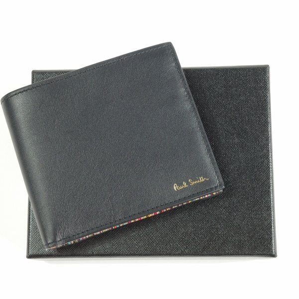 新品1円～★定価3.3万 ポールスミス Paul Smith 箱付 イタリア製 牛革 羊革レザー二つ折り財布 黒 マルチストライプ ウォレット ◆3985◆_画像3