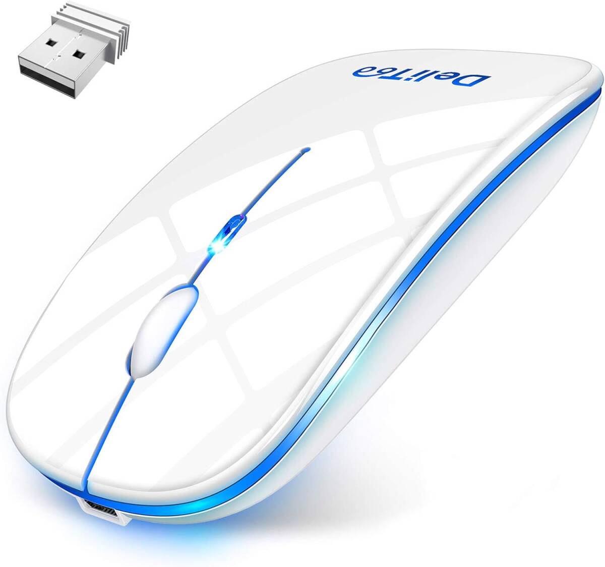 DeliToo ワイヤレスマウス 7色ライト付き 静音 充電式 無線マウス 2.4GHz 1600DPI 3段調節可能 S9 (白_画像1