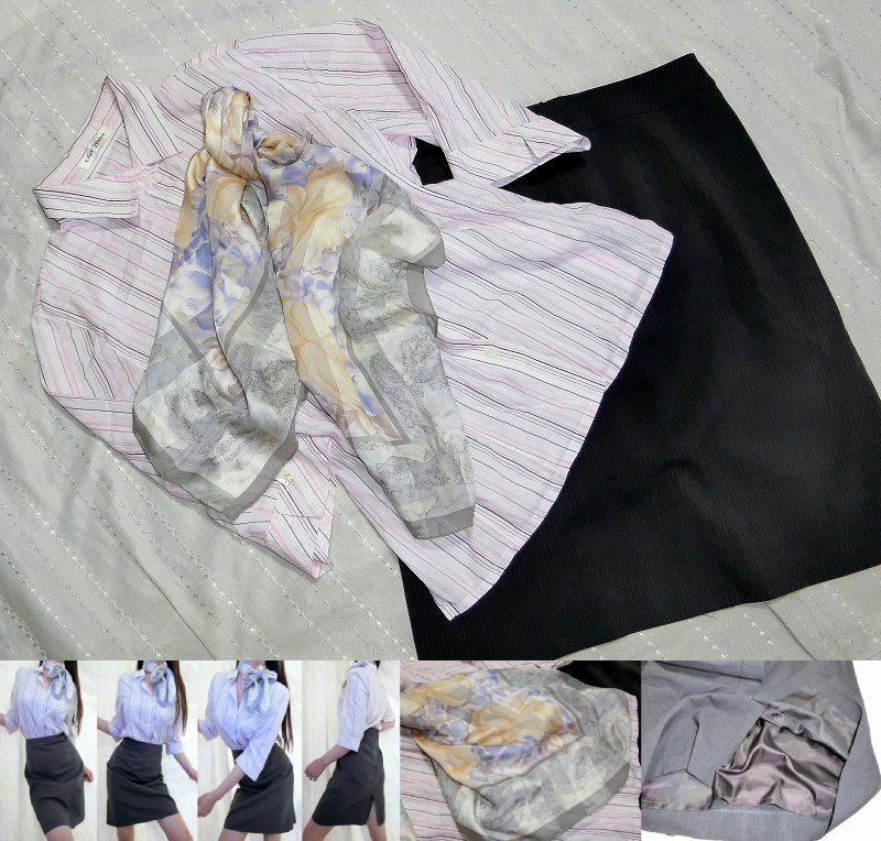 D48* large size * office company suit uniform series set * stripe blouse & tight & lustre scarf 