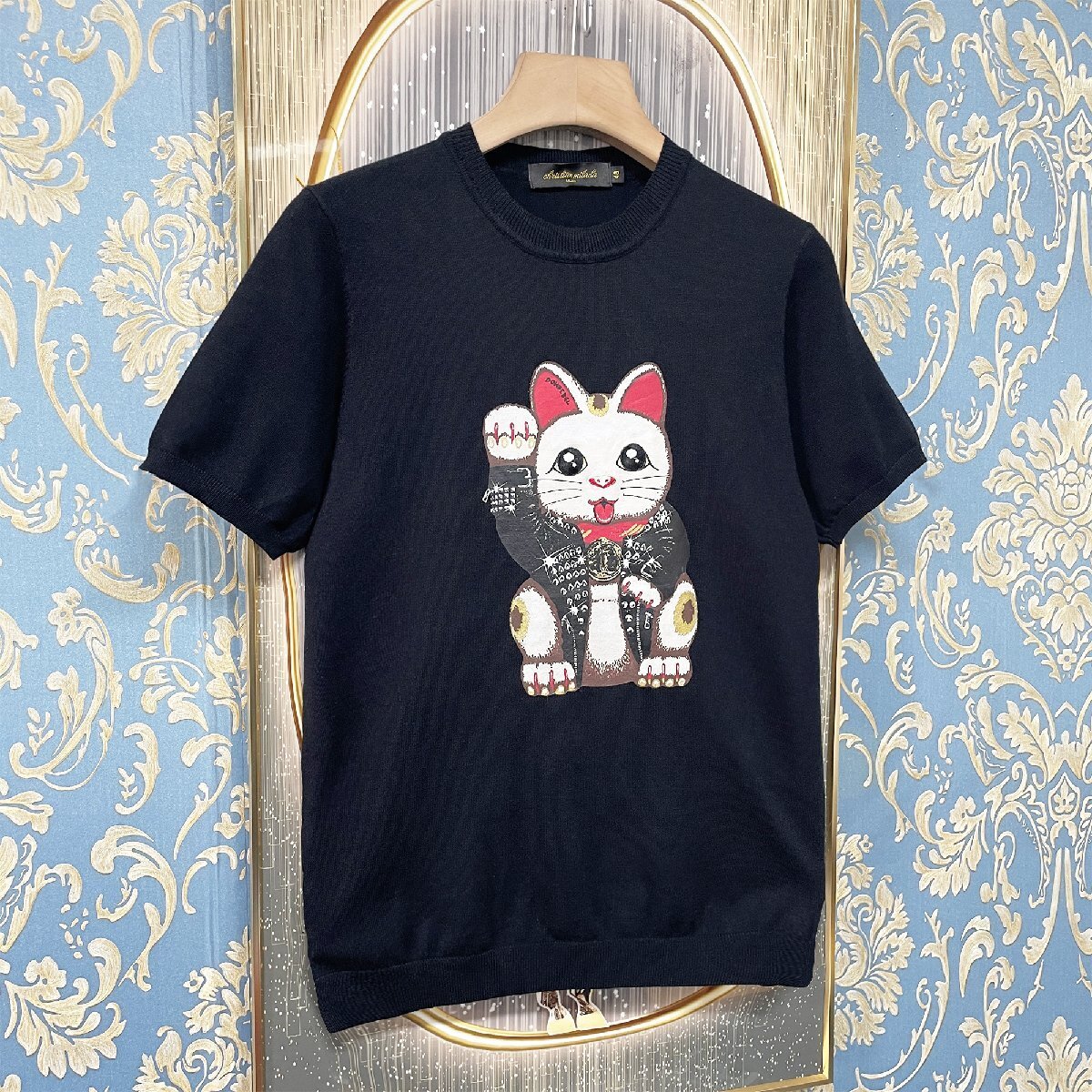 定価3万★christian milada・ミラノ発・半袖Tシャツ★高級ウール 上品 伸縮性 薄手 ソフト 招き猫 可愛い トップス 着やせ レディース L/48_画像8