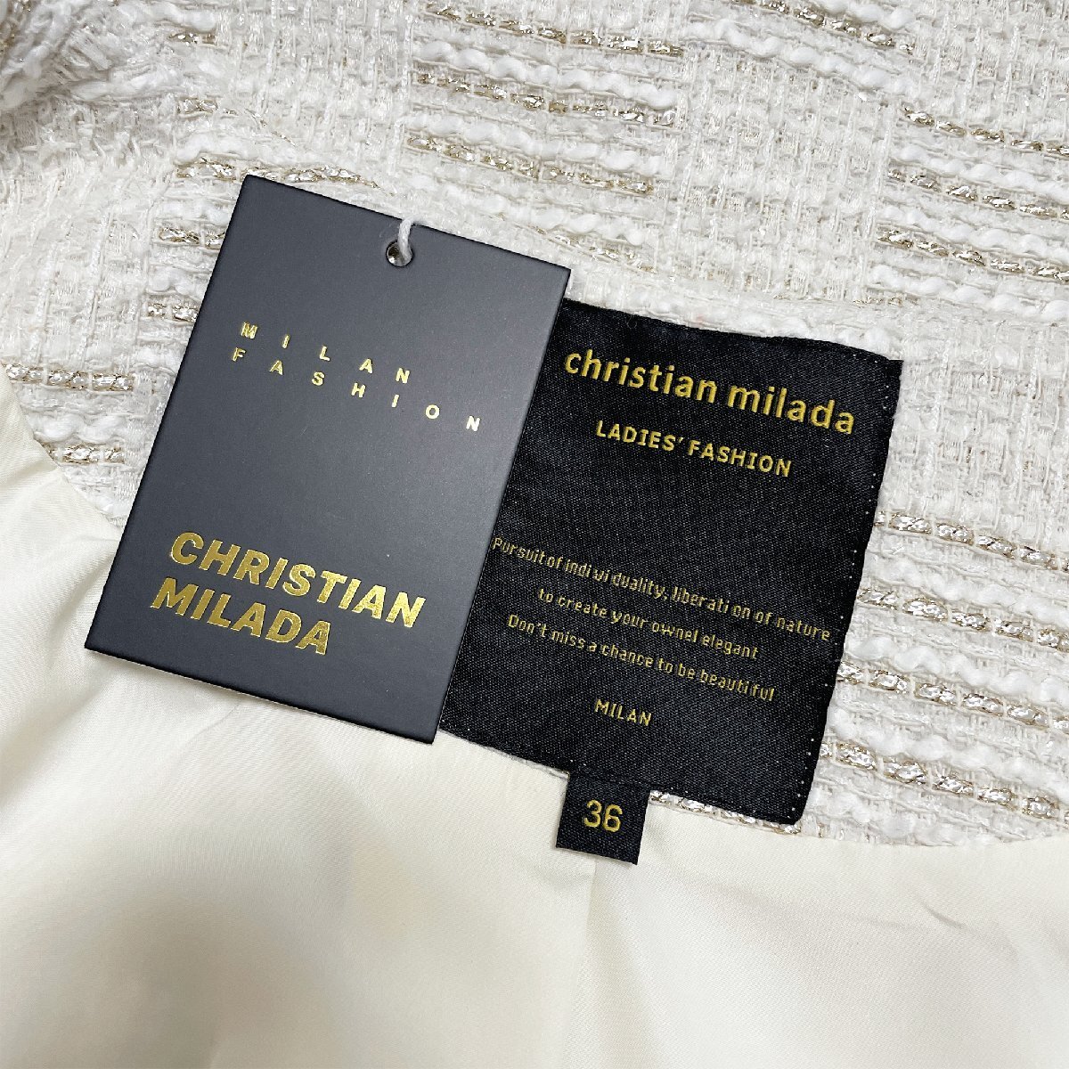 定価6万★christian milada・ミラノ発・ツイードジャケット★上級リネン混 快適 艶 総柄 キレイめ オシャレ 着せ 通勤 レディース S/34_画像8