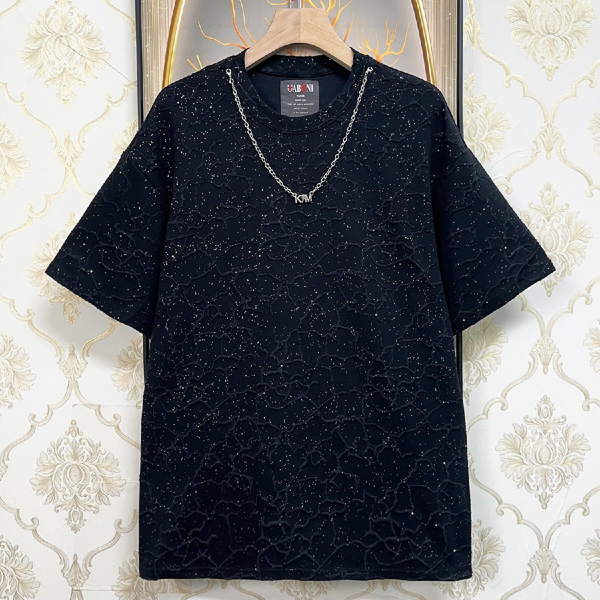 絶賛EU製＆定価2万◆UABONI*Paris*半袖Tシャツ*ユアボニ*フランス◆快適 吸汗 薄手 総柄 キラキラ チェーン カットソー スウェット 街着2XL_画像1