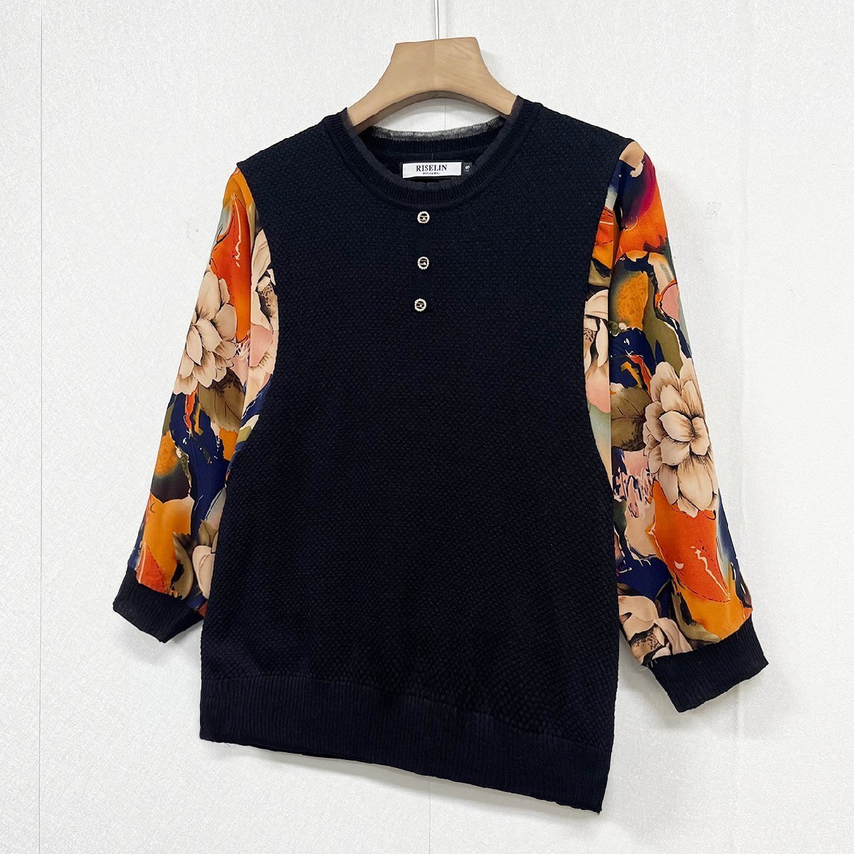  new work Europe made * regular price 4 ten thousand * BVLGARY a departure *RISELIN sweatshirt ventilation easy race switch floral print tops knitted lady's spring summer XL
