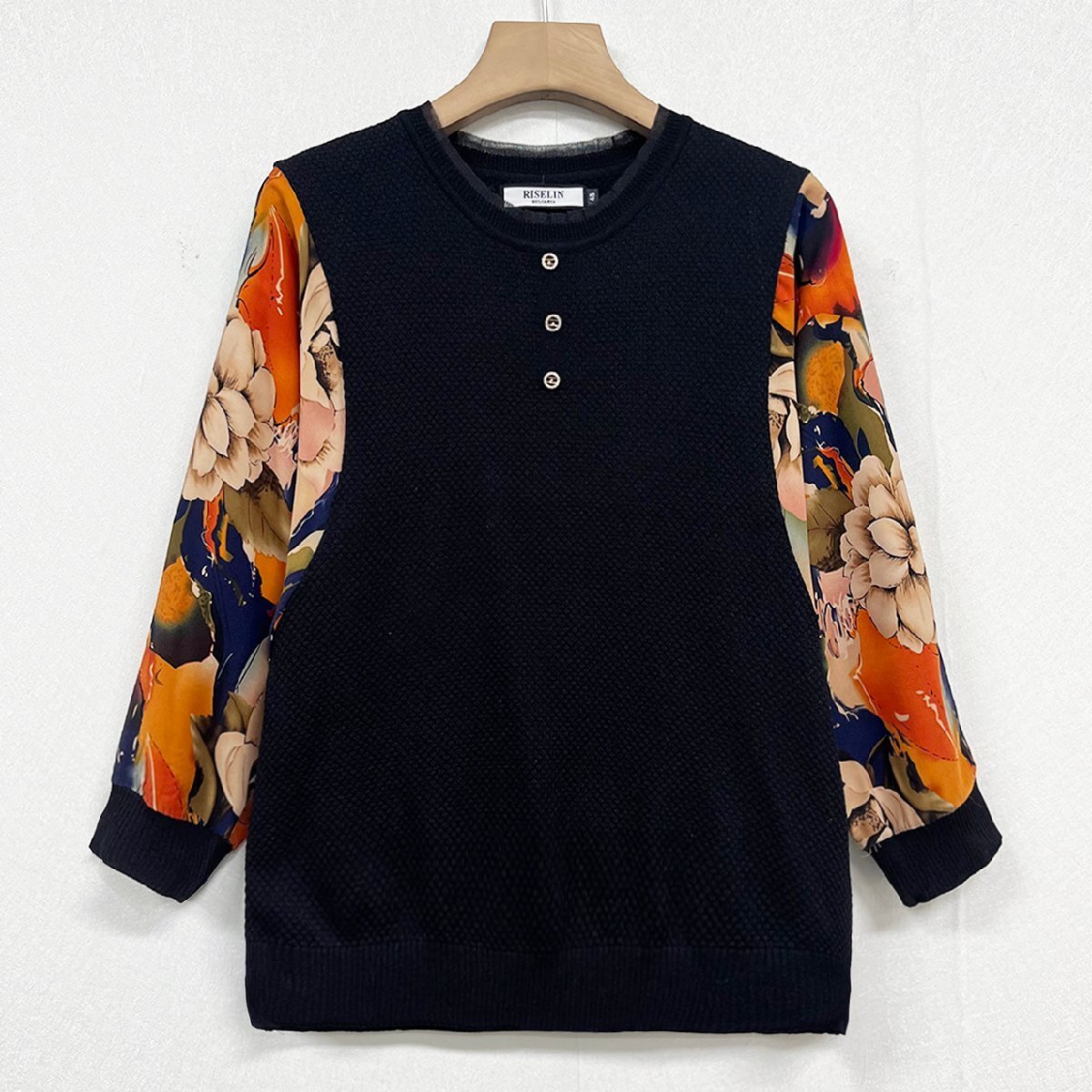  new work Europe made * regular price 4 ten thousand * BVLGARY a departure *RISELIN sweatshirt ventilation easy race switch floral print tops knitted lady's spring summer XL