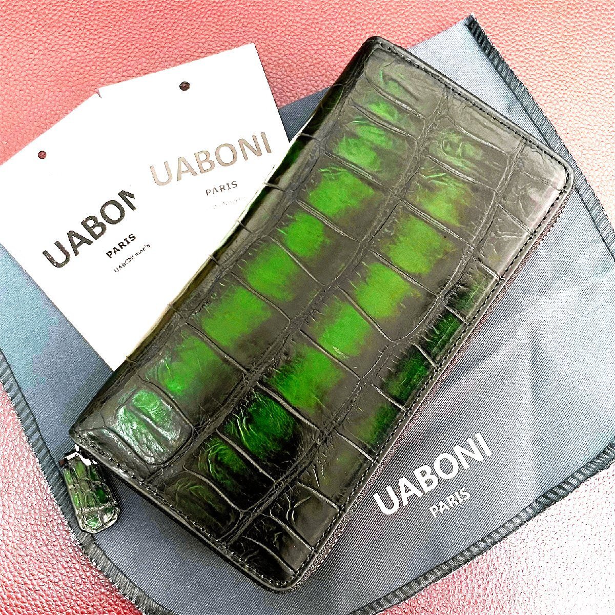 上品 限定EU製＆定価68万◆UABONI*アリゲーター・ファスナー長財布◆高級 上品 希少 手染 パティーヌ 幻 クロコ 本革 レザー メンズ 紳士_画像1