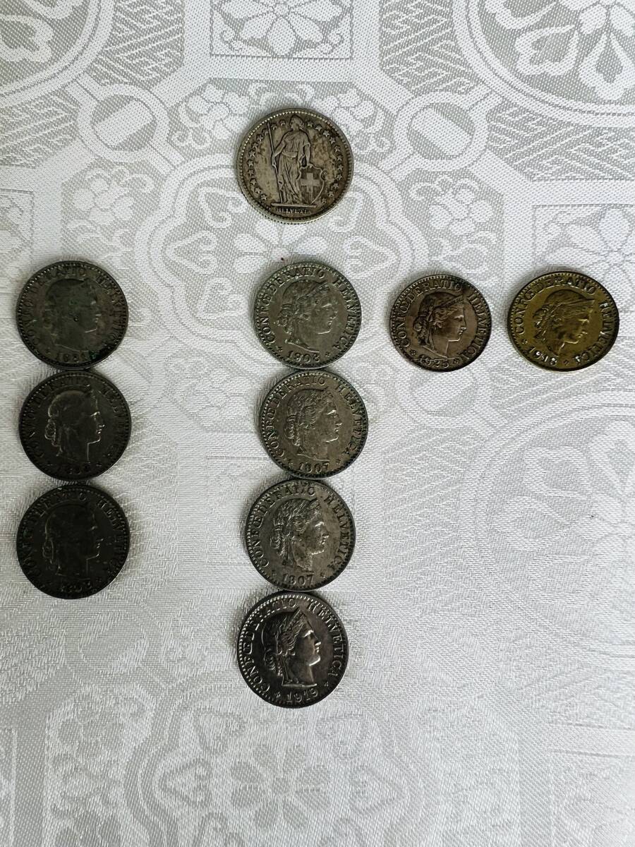 【家族私物】スイス銀貨　1904年Helvetia 　1フラン銀貨×1、1800年代〜1900年代初頭の20Rappen×7、10Rappen×2。合計10枚おまとめ　_1フラン銀貨含む合計10枚、スイス貨幣