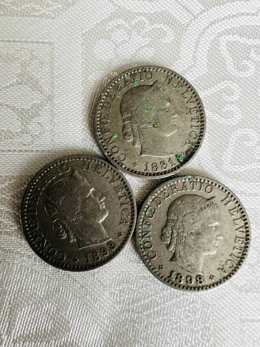 【家族私物】スイス銀貨　1904年Helvetia 　1フラン銀貨×1、1800年代〜1900年代初頭の20Rappen×7、10Rappen×2。合計10枚おまとめ　_画像6